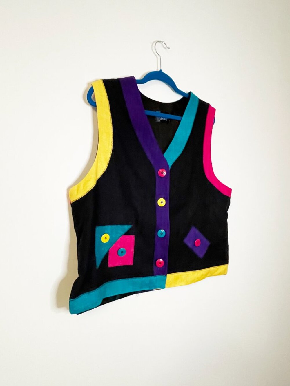 Vintage Seasons Colorblock Silk Vest Geometric Artwear Neon Button Front Size L - Picture 8 of 9